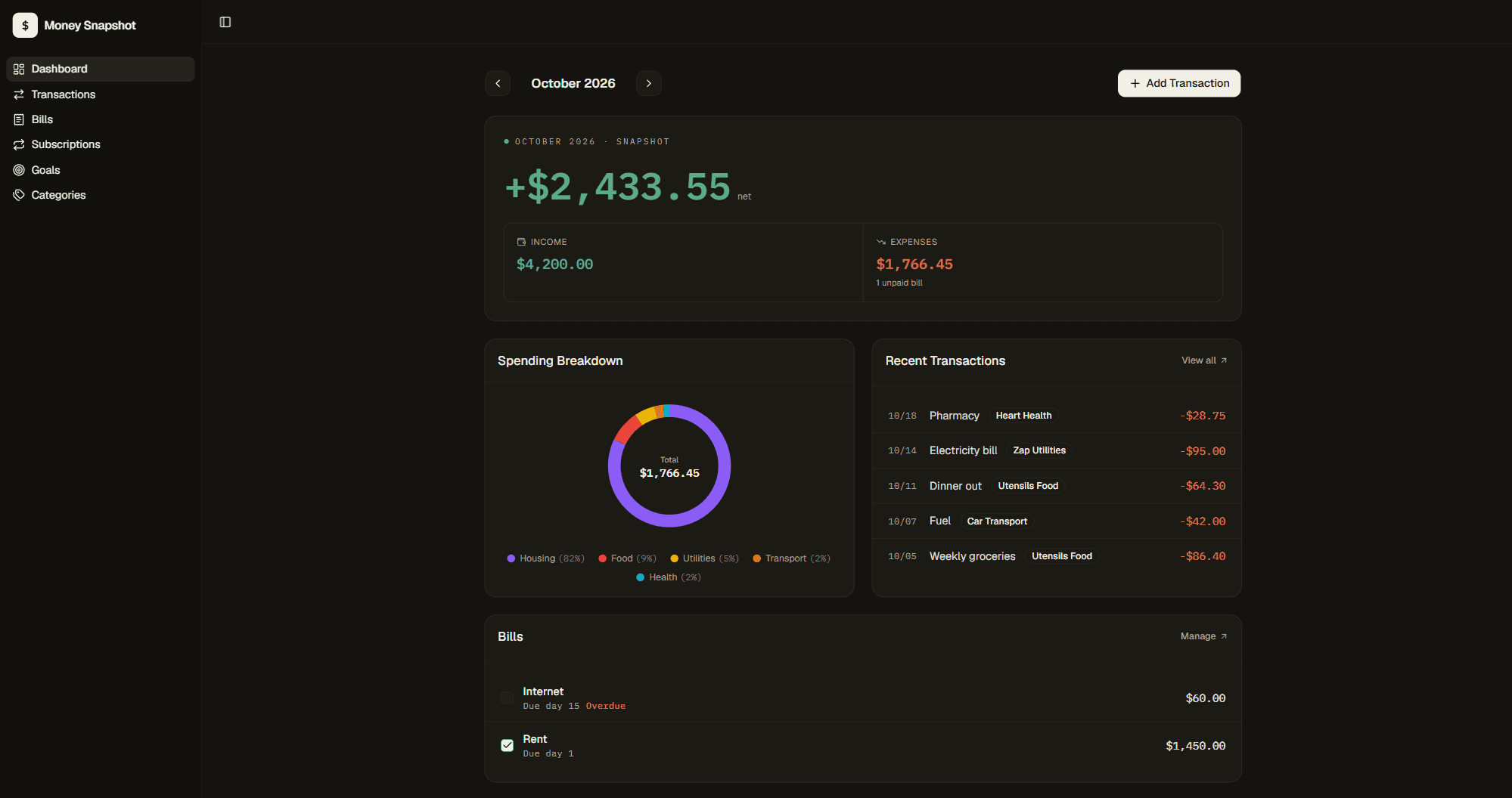Money Snapshot application preview